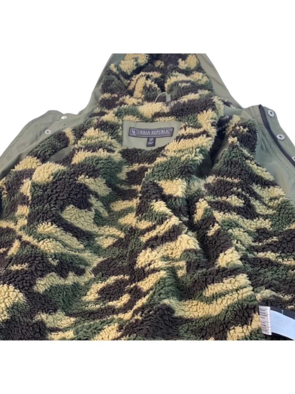 Urban Republic Olive Camo Raincoat Boy's Size 3T Faux Fur Lined Hooded Fall